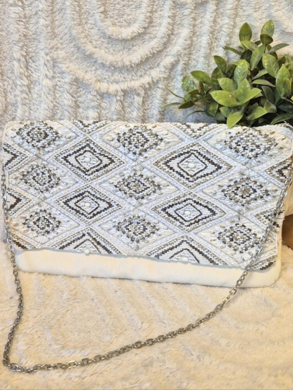 Chico's Jasmine Ivory Beaded Clutch Shoulder Bag Purse Silver Chain Embellished